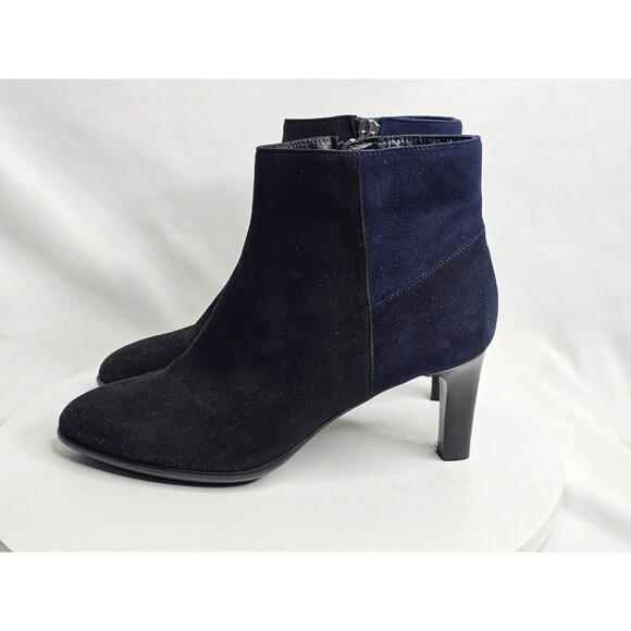 AQUATALIA Italian Black Navy Blue Colorblock Suede Ankle Boots Side Zip Womens 7 - Picture 1 of 8